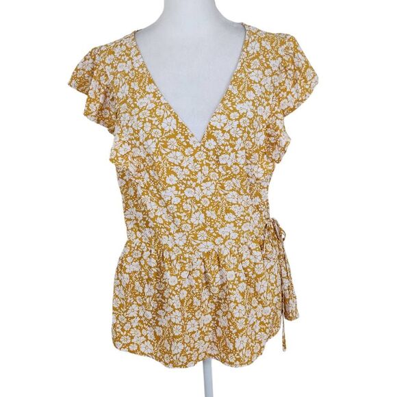 Skies Are Blue Tops - Skies are Blue Mustard Floral Wrap Top NWT Size Large Gold and White Floral Top